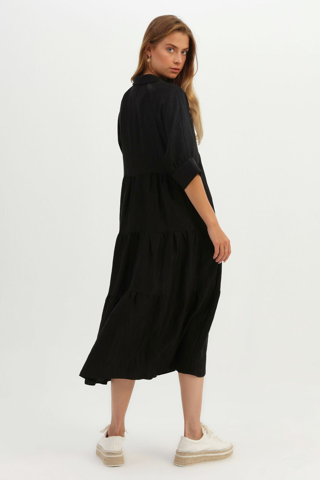 Shirt Collar Raglan Sleeve Dress Black