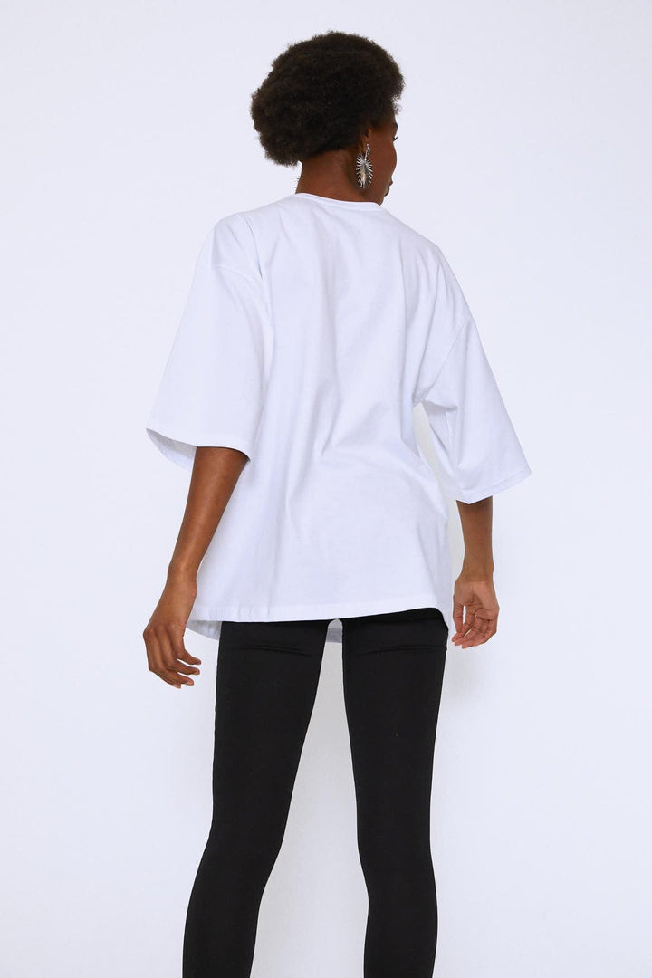 Baskılı Oversize Tişört Beyaz