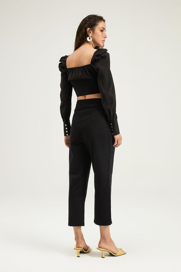 Tokalı Gabardin Yüksek Bel Pantolon Siyah