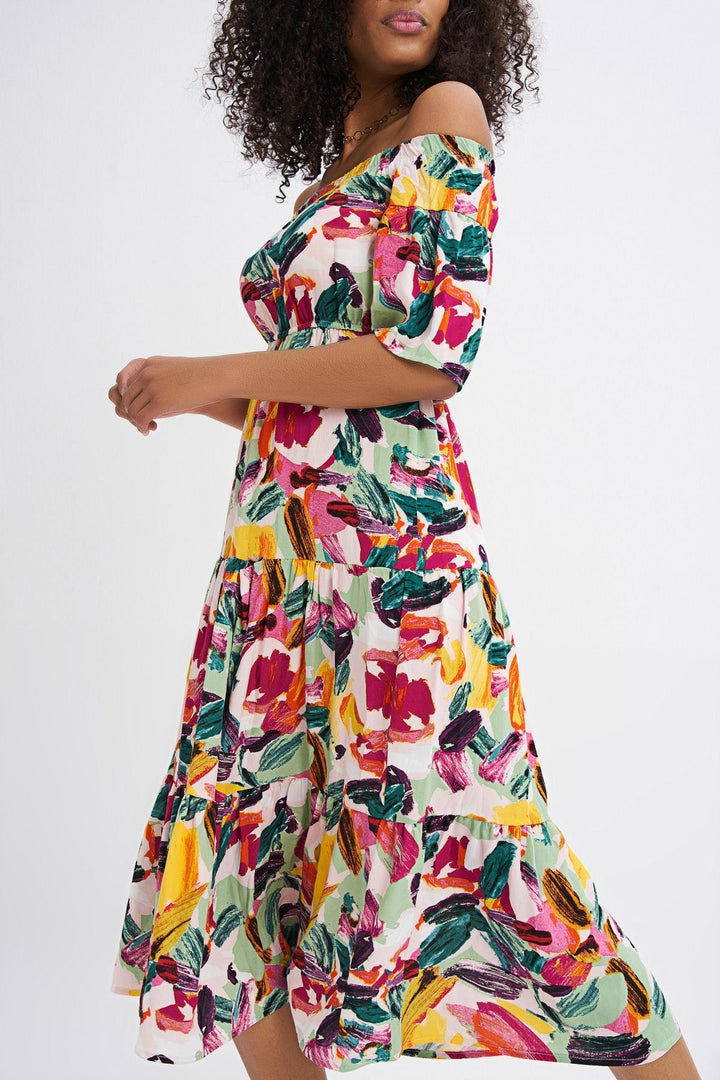 Patterned Off-Shoulder Dress Fuchsia