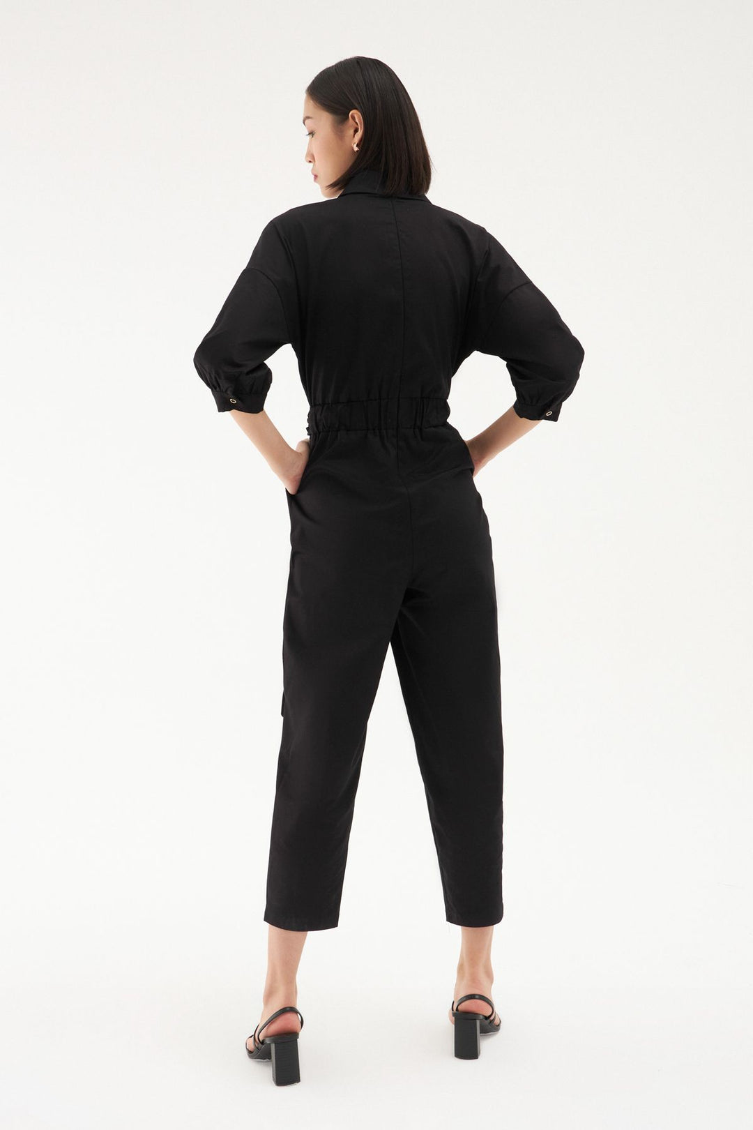 Belted Waist Balloon Sleeve Jumpsuit Black