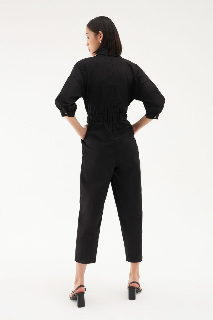 Belted Waist Balloon Sleeve Jumpsuit Black