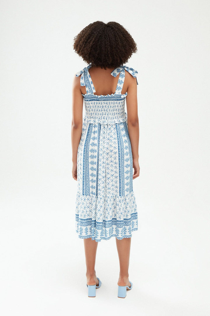 Desenli Gipeli Kalın Askılı Elbise Mavi