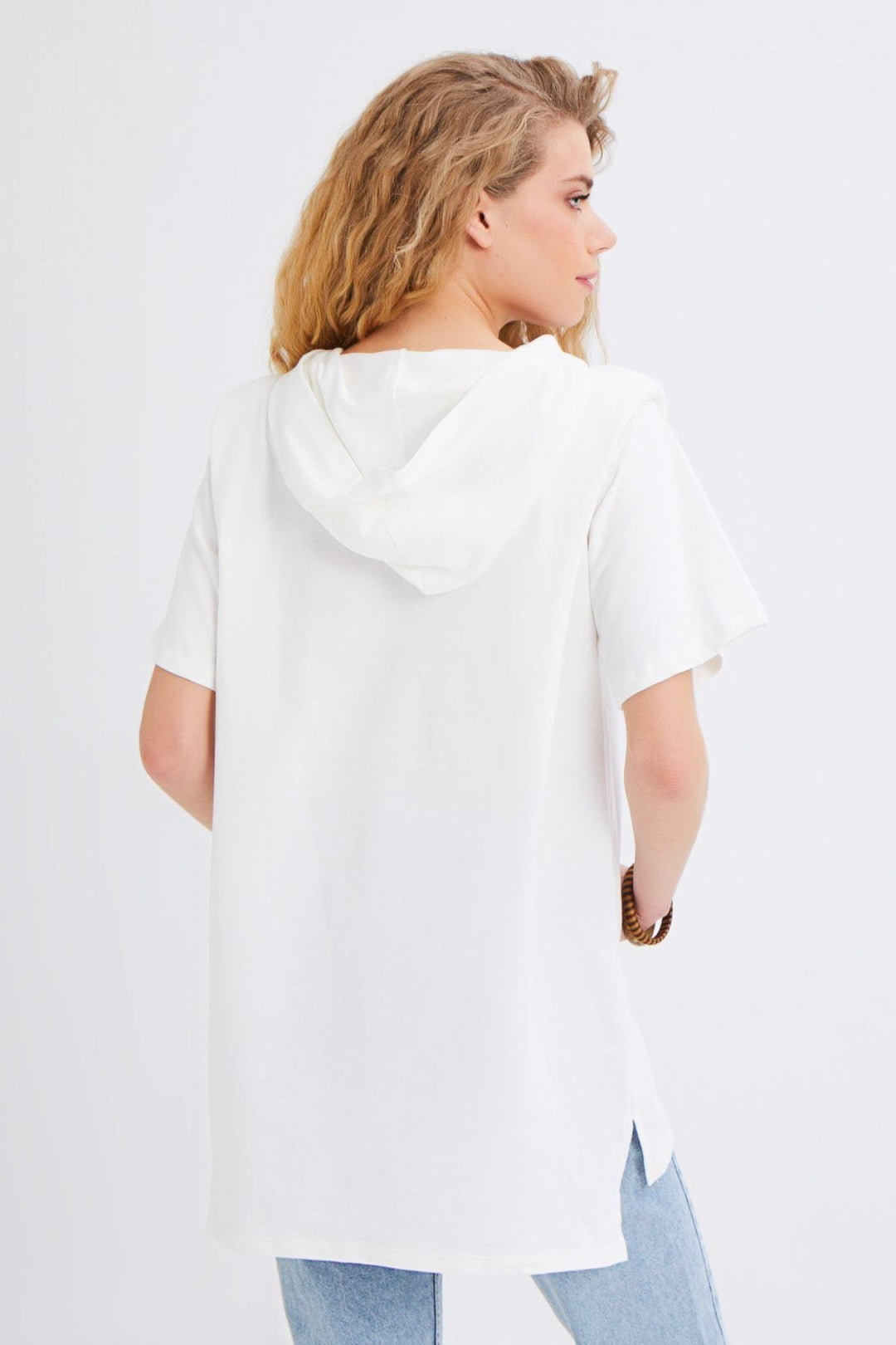 Hooded Kangaroo Pocket Long Sweatshirt Ecru