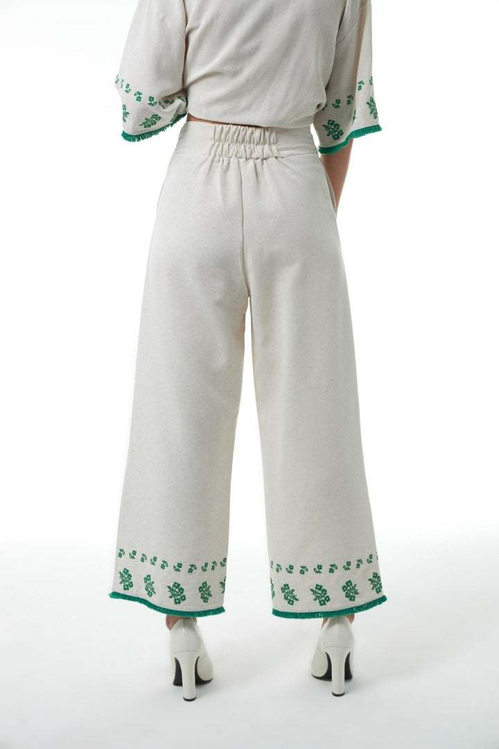 Nakış Detaylı Keten Pantolon Naturel