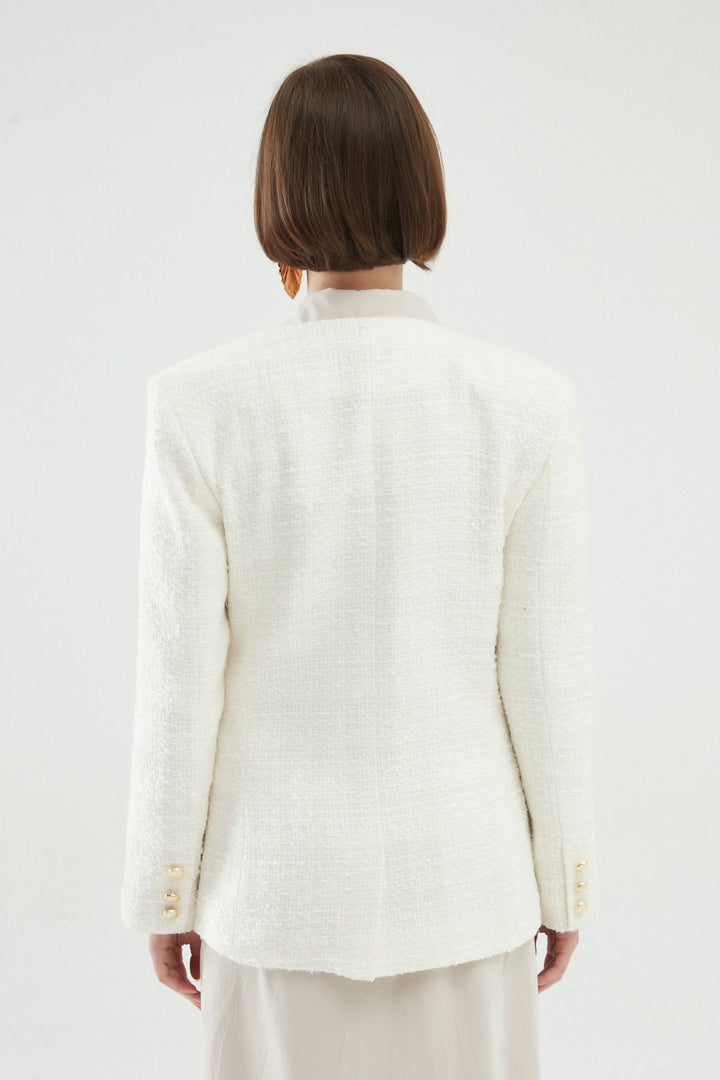 Double Breasted Tweed Blazer Jacket White