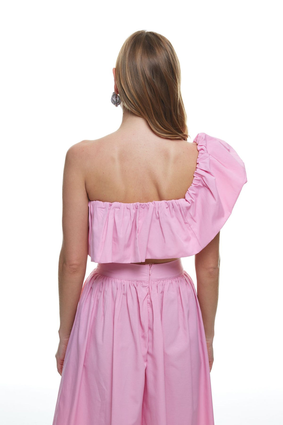 Ruffle Detailed One-Shoulder Crop Blouse Pink