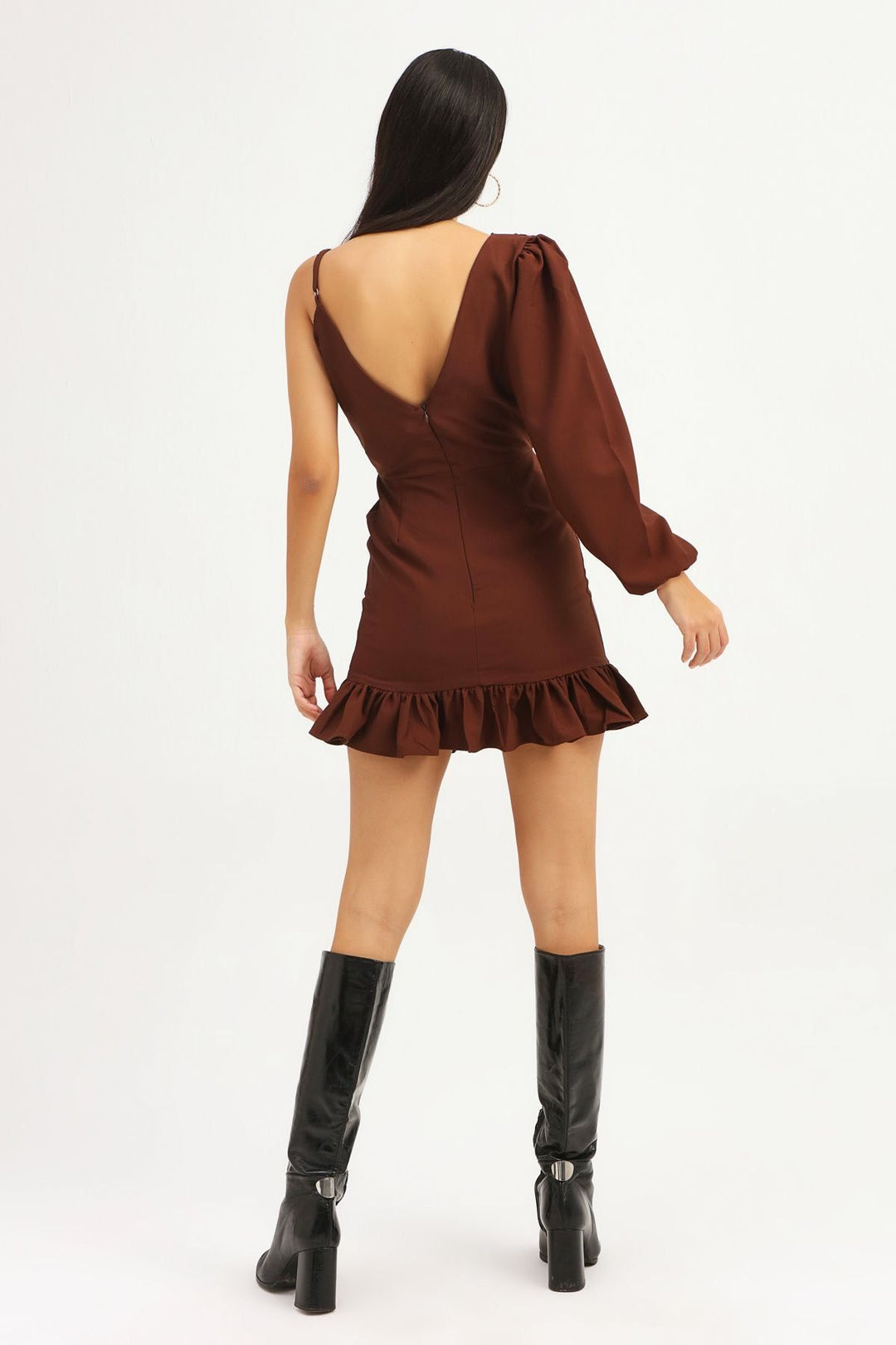 Pleated Asymmetrical Sleeve Dress Dark Brown