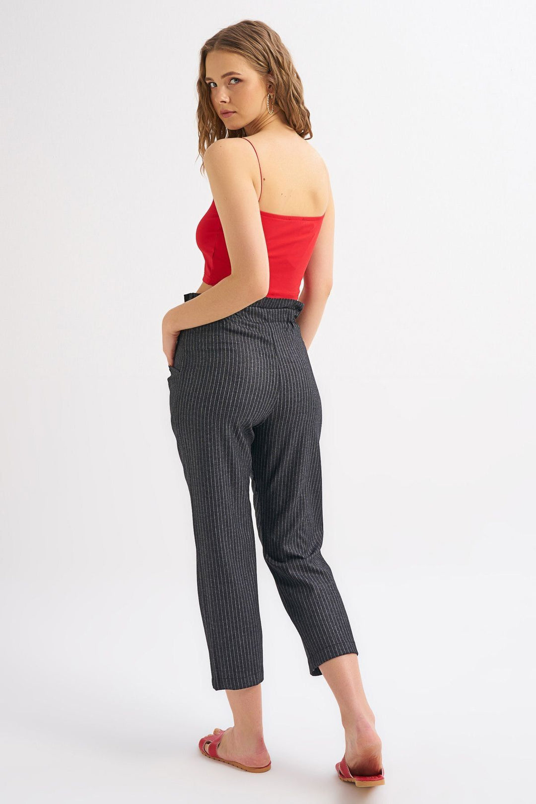 Tie Waist Striped Trousers Anthracite