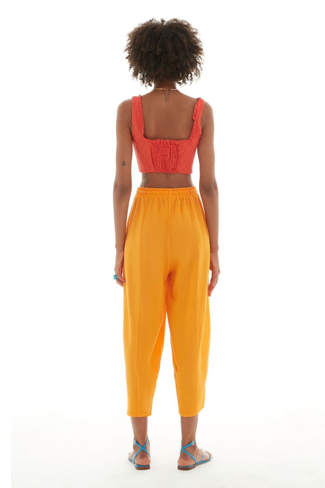 Beli Lastikli Keten Pantolon Turuncu