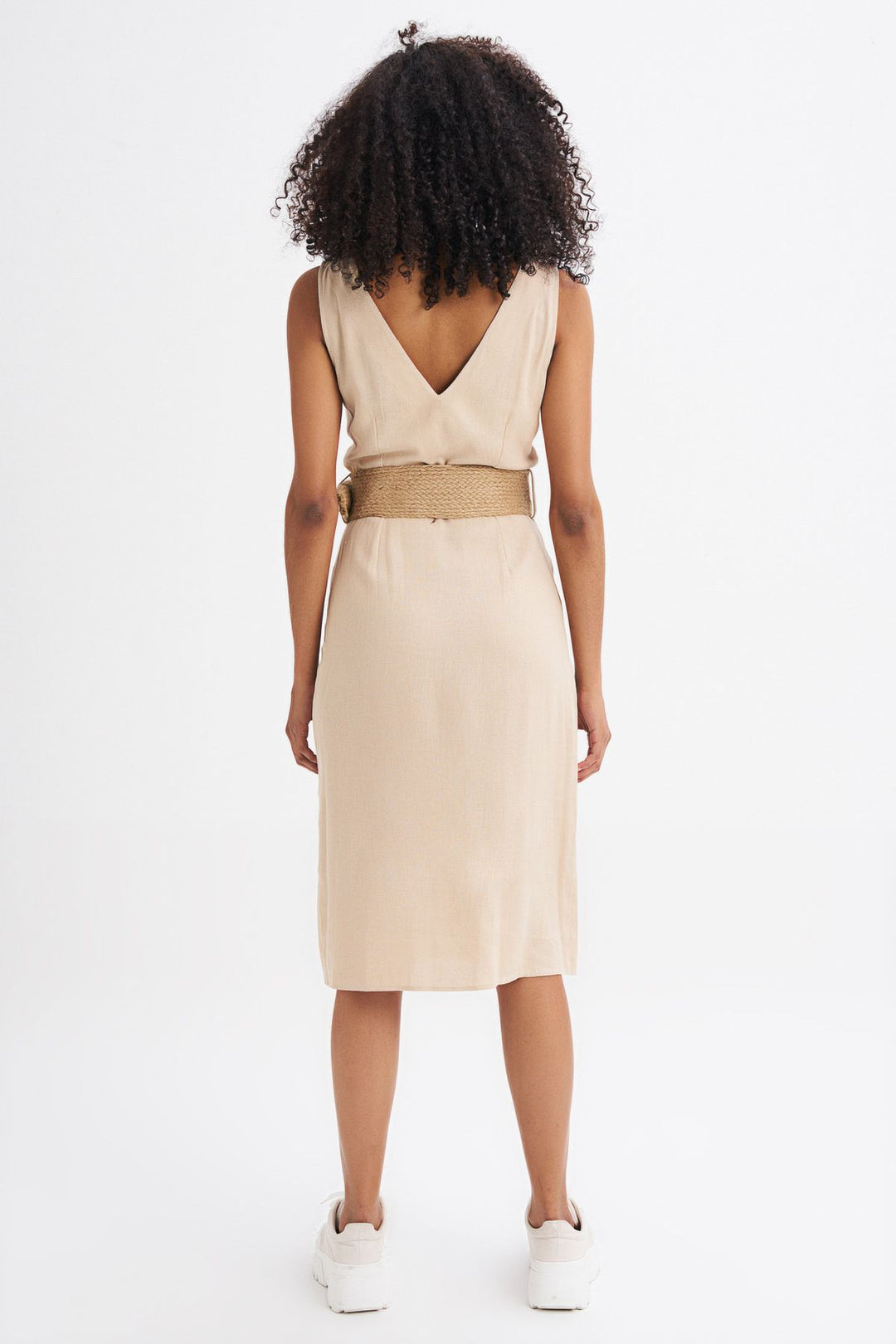Belted Buttoned Linen Dress Beige