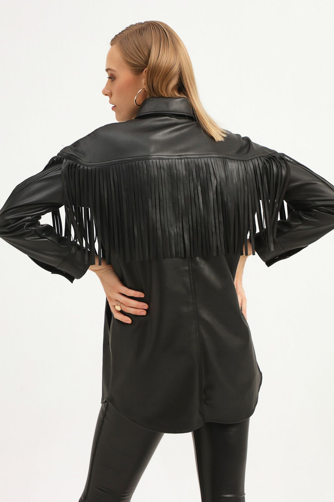 Püsküllü Deri Gömlek Siyah