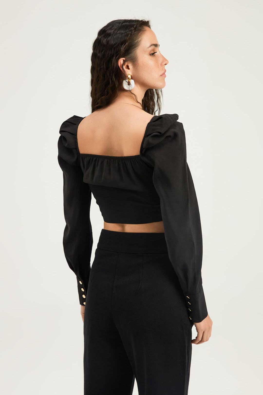 Buckle Detailed Balloon Sleeve Blouse Black