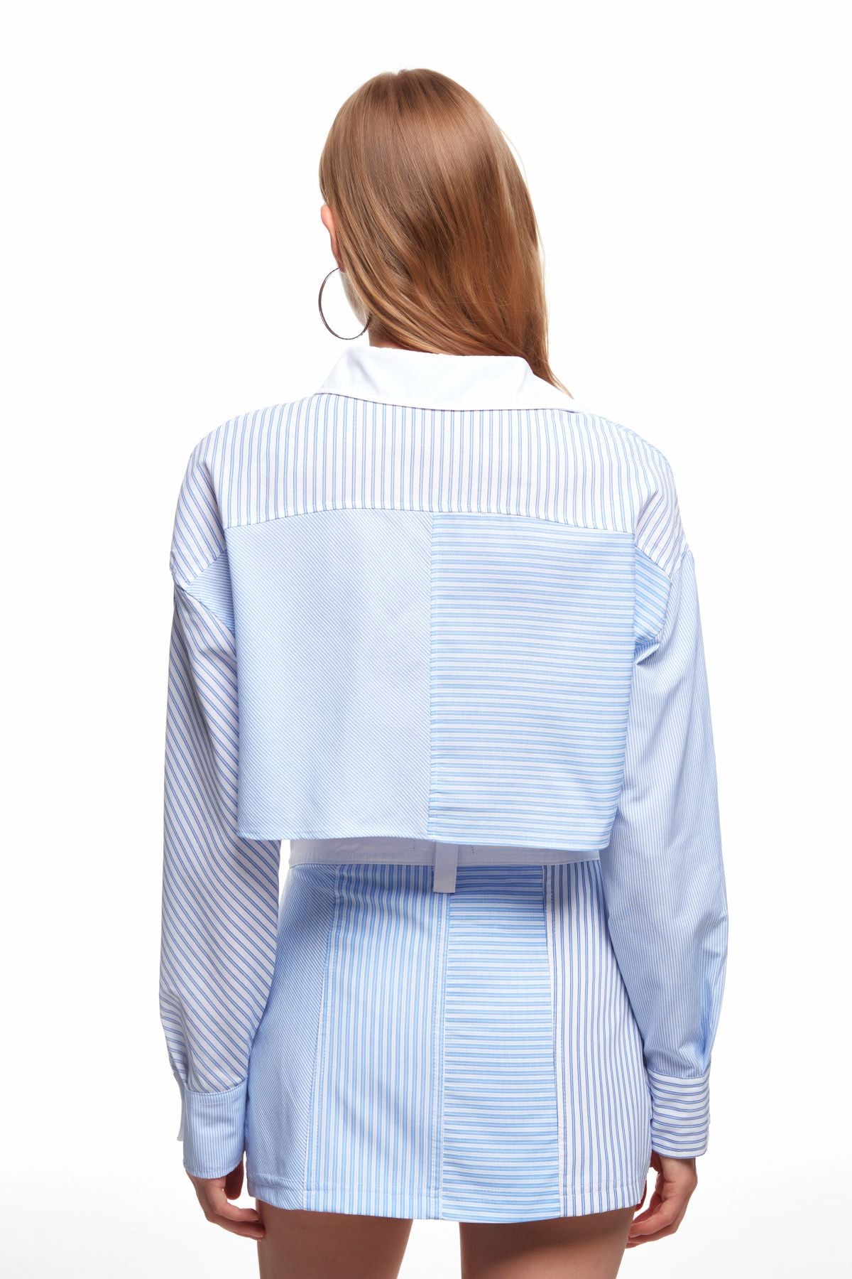 Pocket Detailed Striped Crop Shirt Blue