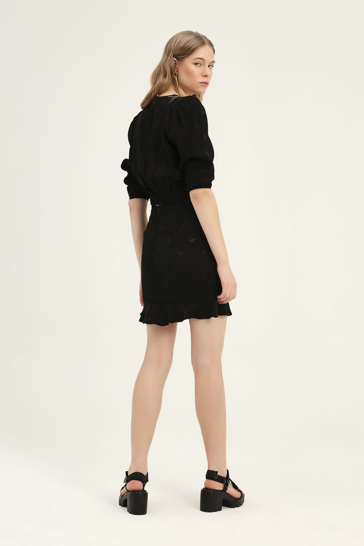 Desenli V Yaka Vatkalı  Bluz Siyah