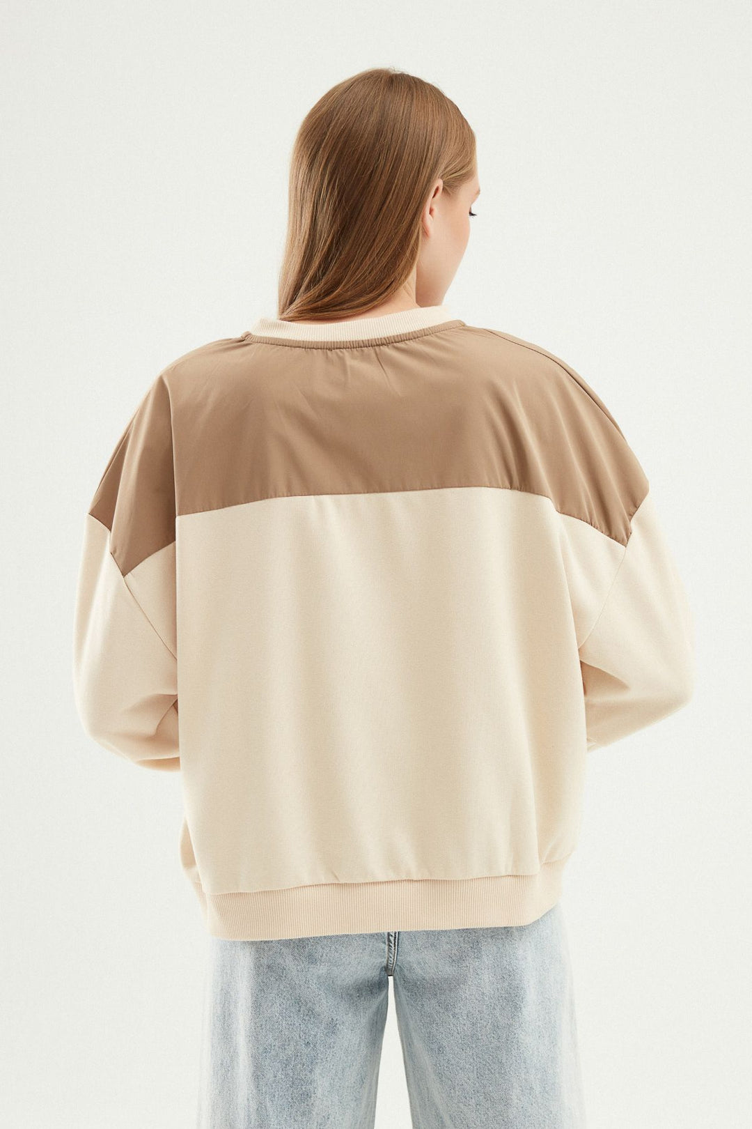 Baskılı Bisiklet Yaka Sweatshirt Bej