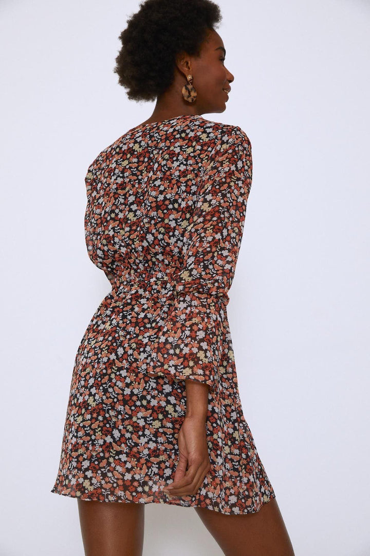 Crispy Flower Waist Belted Dress Orange