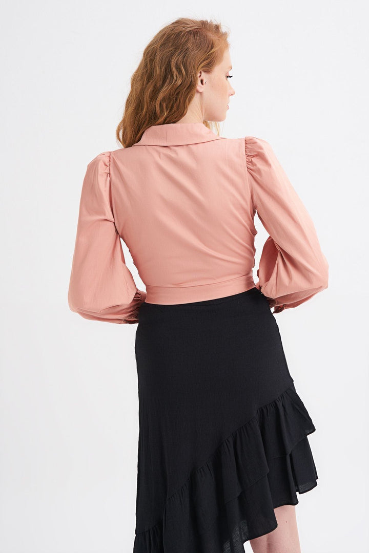 Önü Düğmeli Balon Kol Gömlek Somon