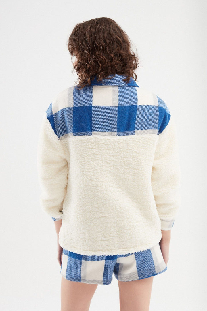 Ekoseli Peluş Ceket Mavi