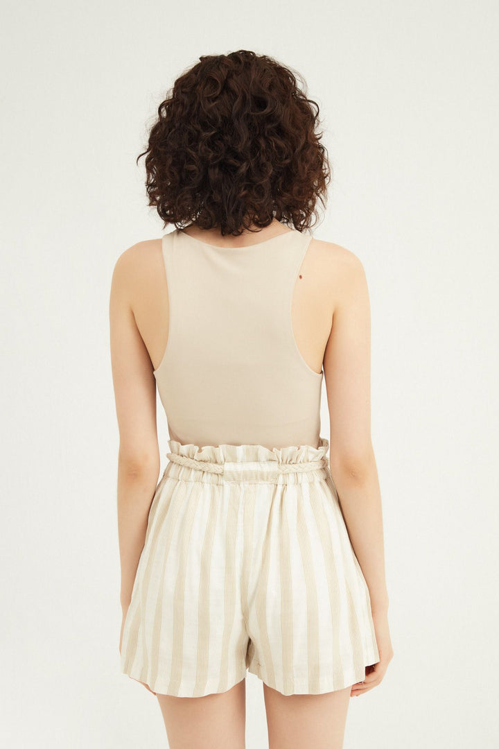 Striped Belted Linen Shorts Beige
