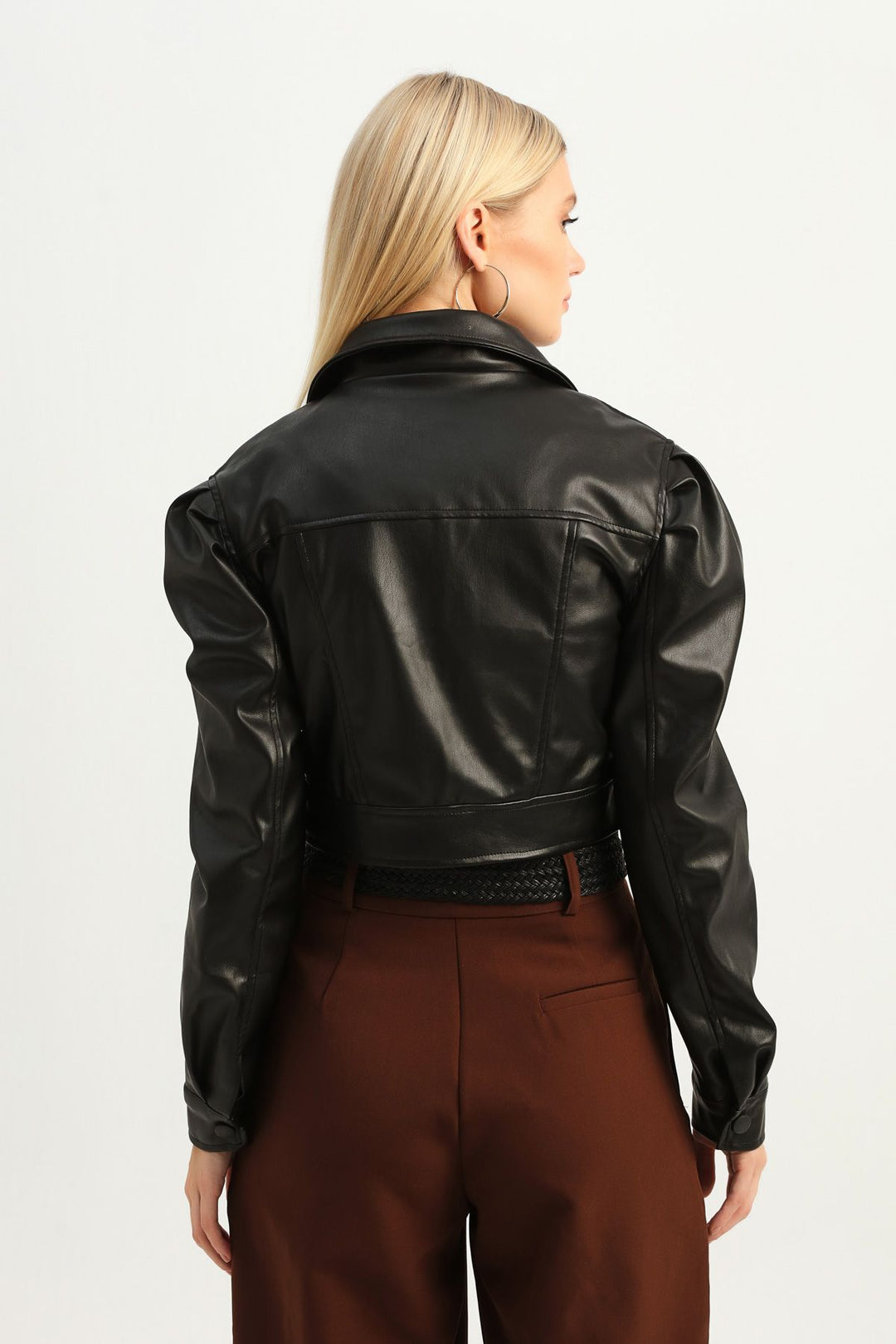 Balloon Sleeve Crop Leather Jacket Black