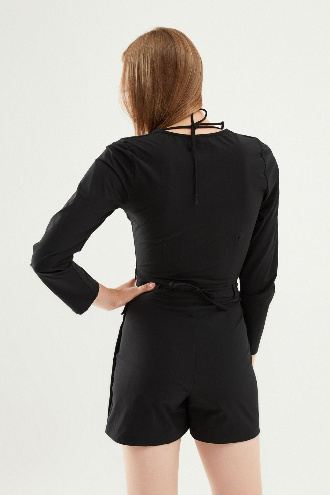 Önü Bağlamalı Crop Bluz Siyah