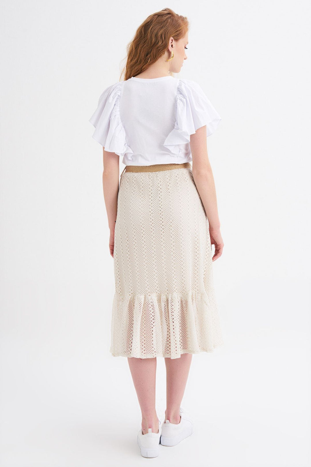 Straw Belt Detailed Guipure Skirt Ecru