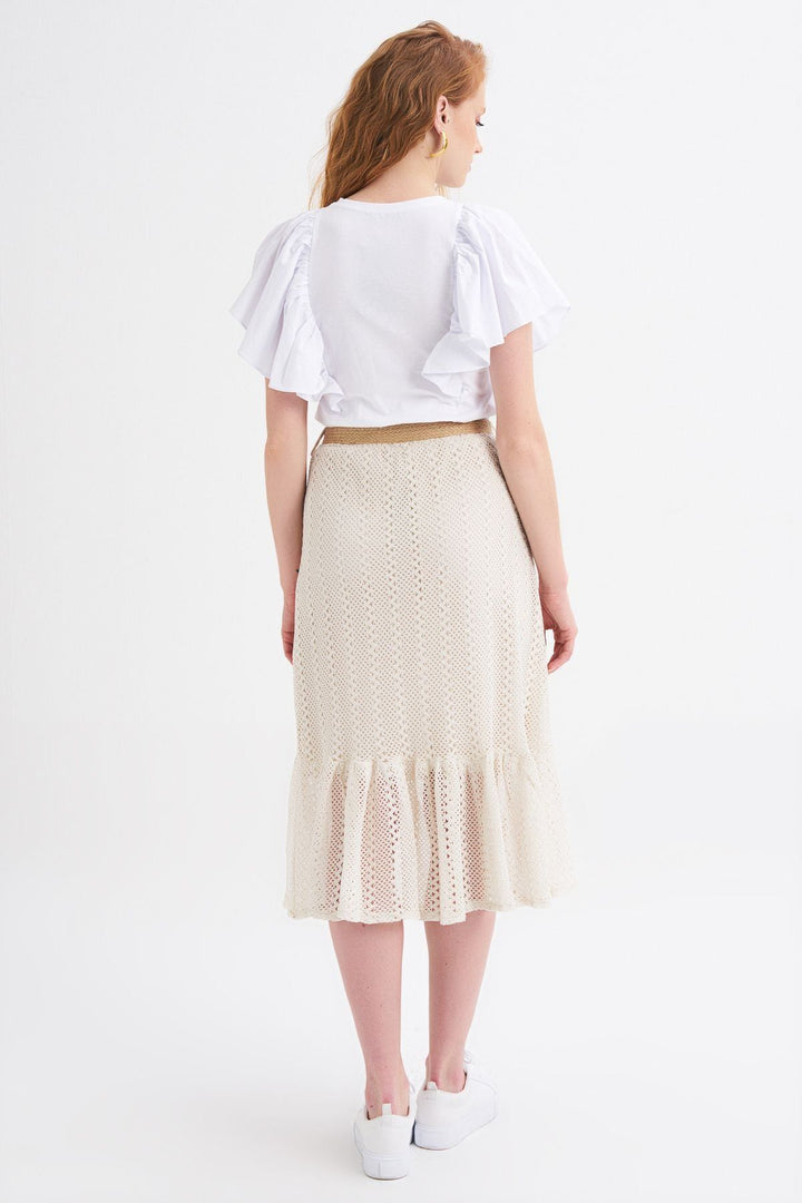 Straw Belt Detailed Guipure Skirt Ecru