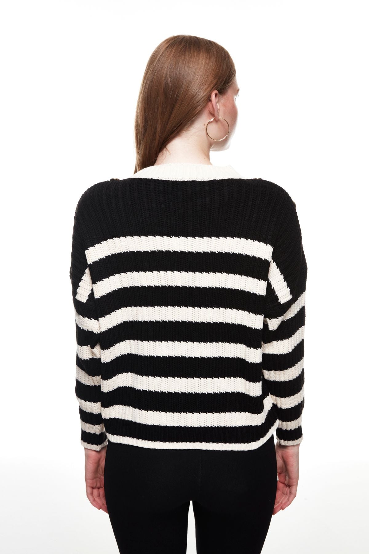 Buttoned Shoulder Striped Sweater Cream
