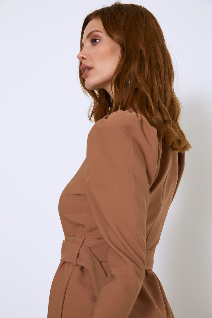 Karpuz Kol V Yaka Midi Elbise Bej