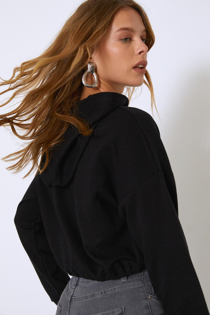 Kapüşonlu Beli Bağcıklı Sweatshirt Siyah