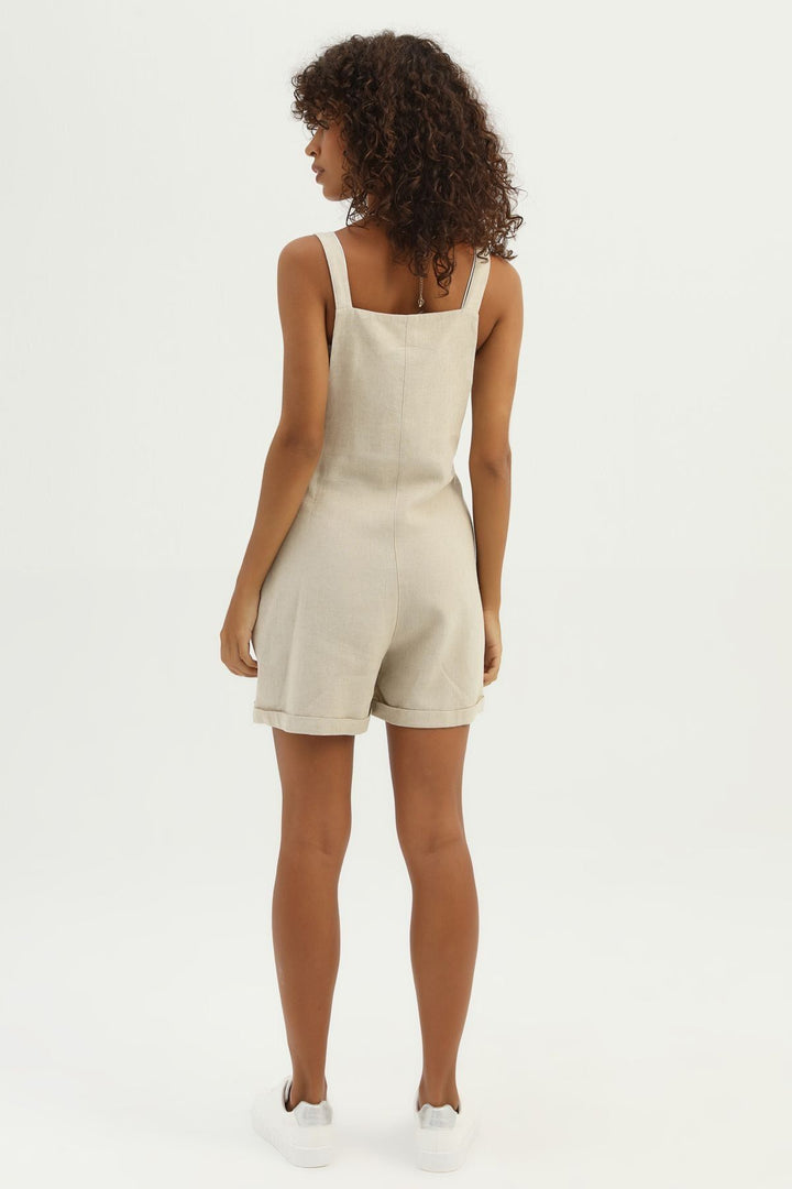 Front Pocket Suspended Linen Overalls Natural