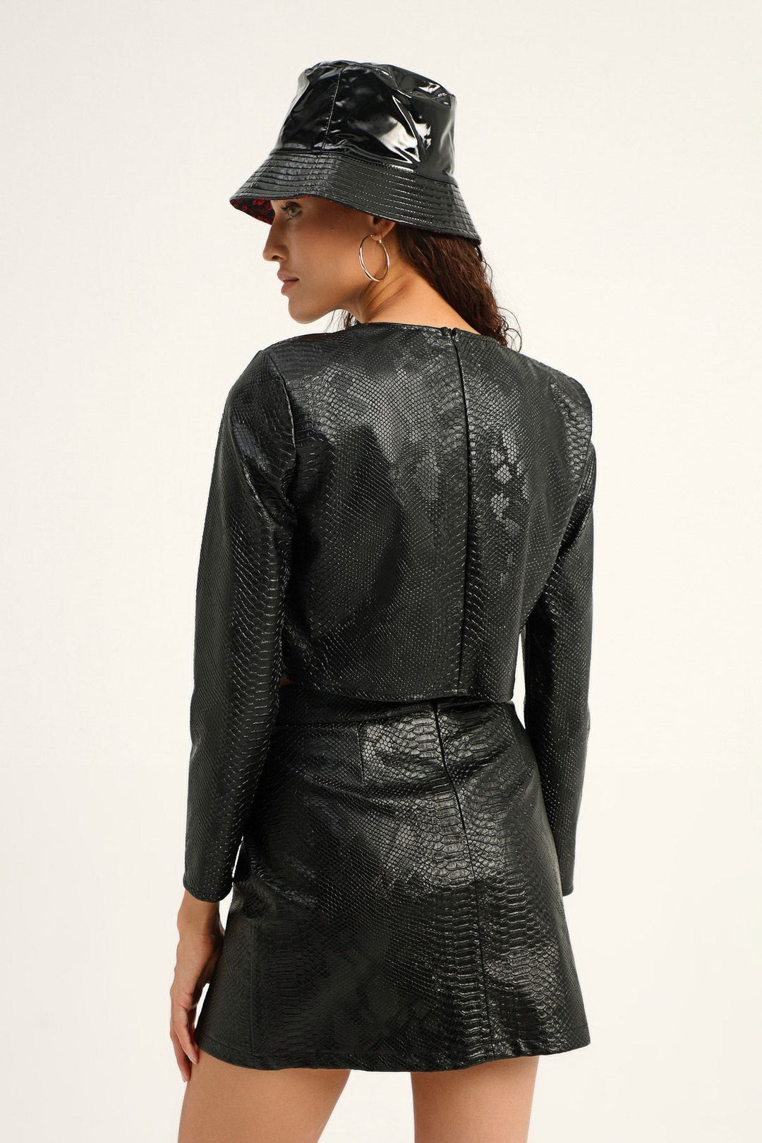 Padded Crop Leather Blouse Black
