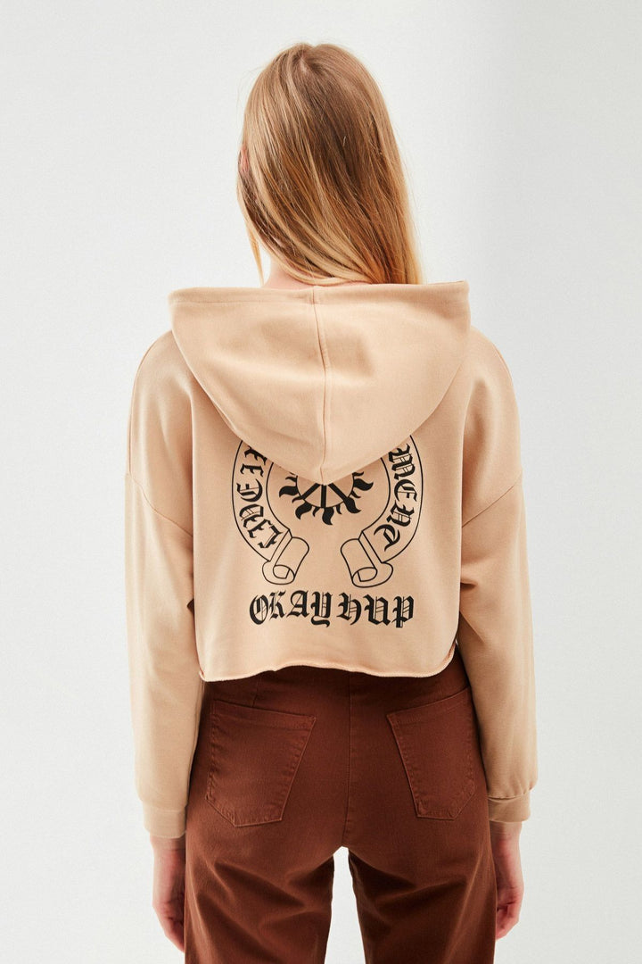 Baskılı Crop Sweatshirt Bej