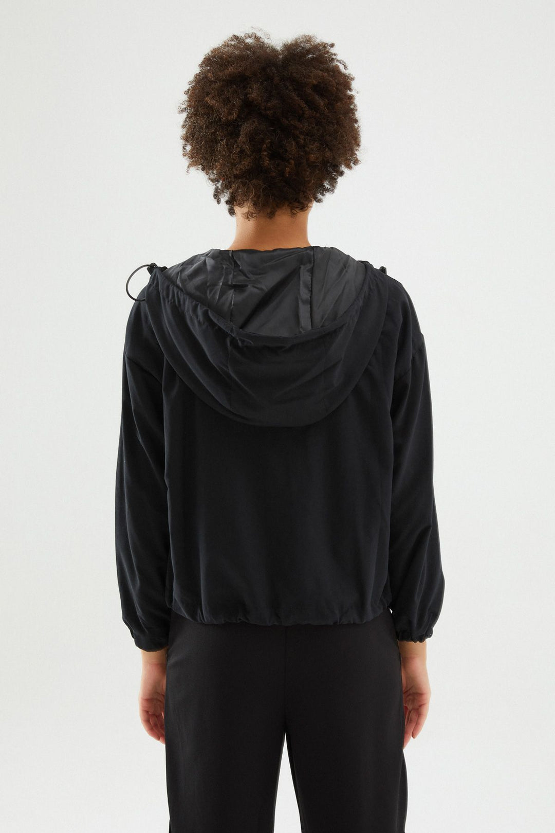 Hooded Gathered Waist Raincoat Black