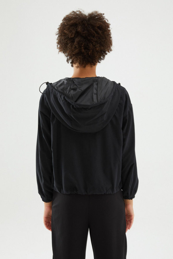 Hooded Gathered Waist Raincoat Black