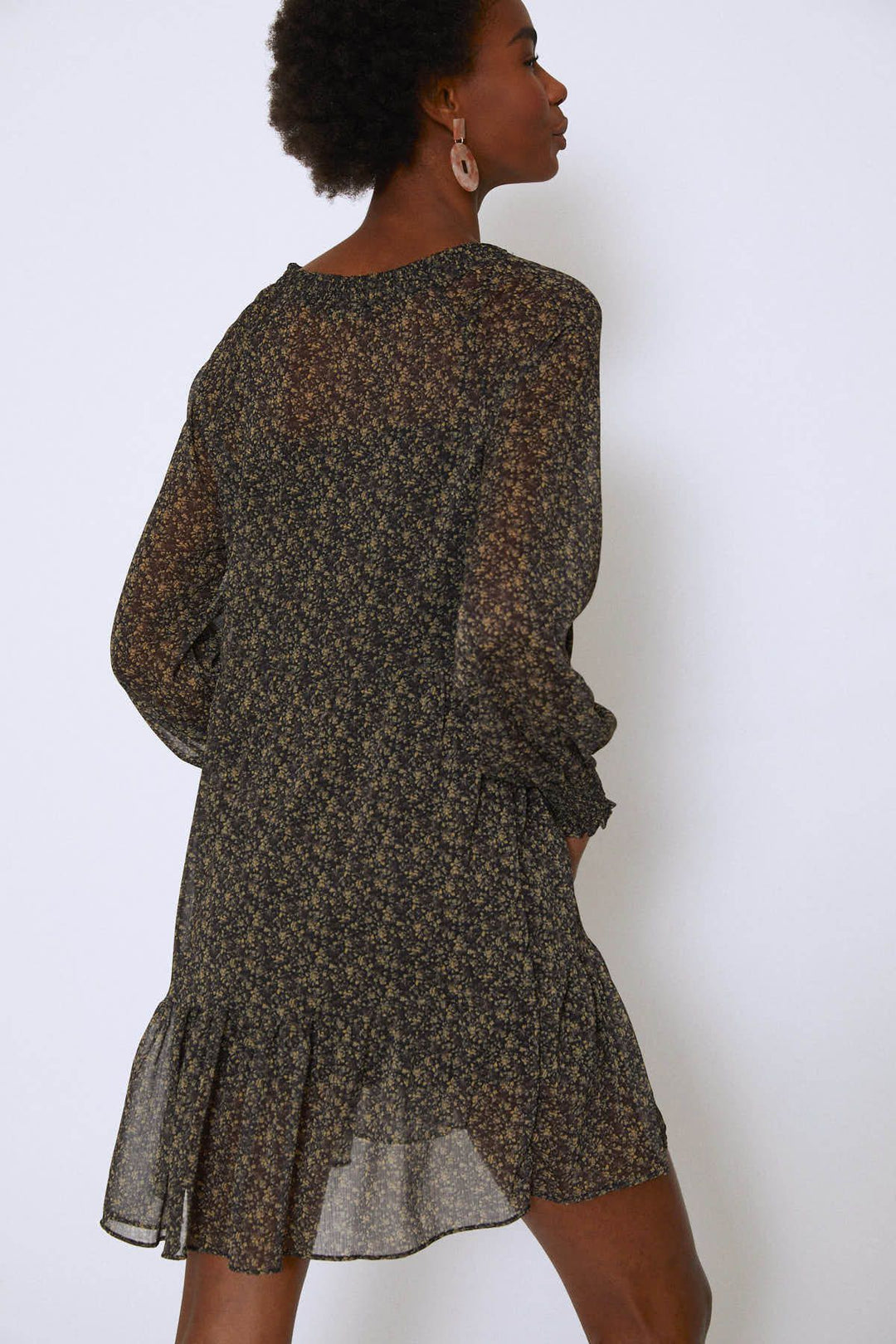 Crispy Floral Collar Tie Chiffon Dress Khaki
