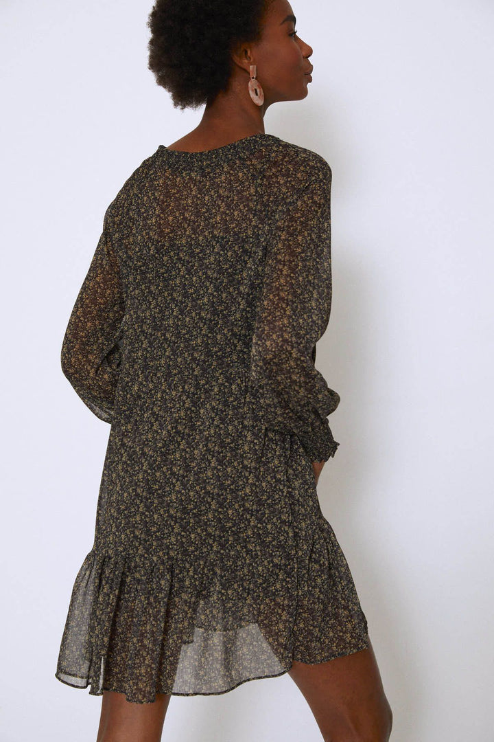 Crispy Floral Collar Tie Chiffon Dress Khaki