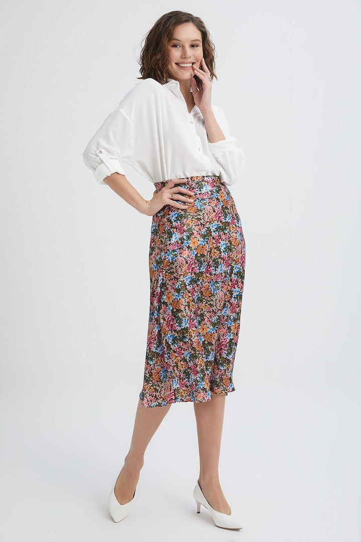 Desenli Midi Etek Fuşya