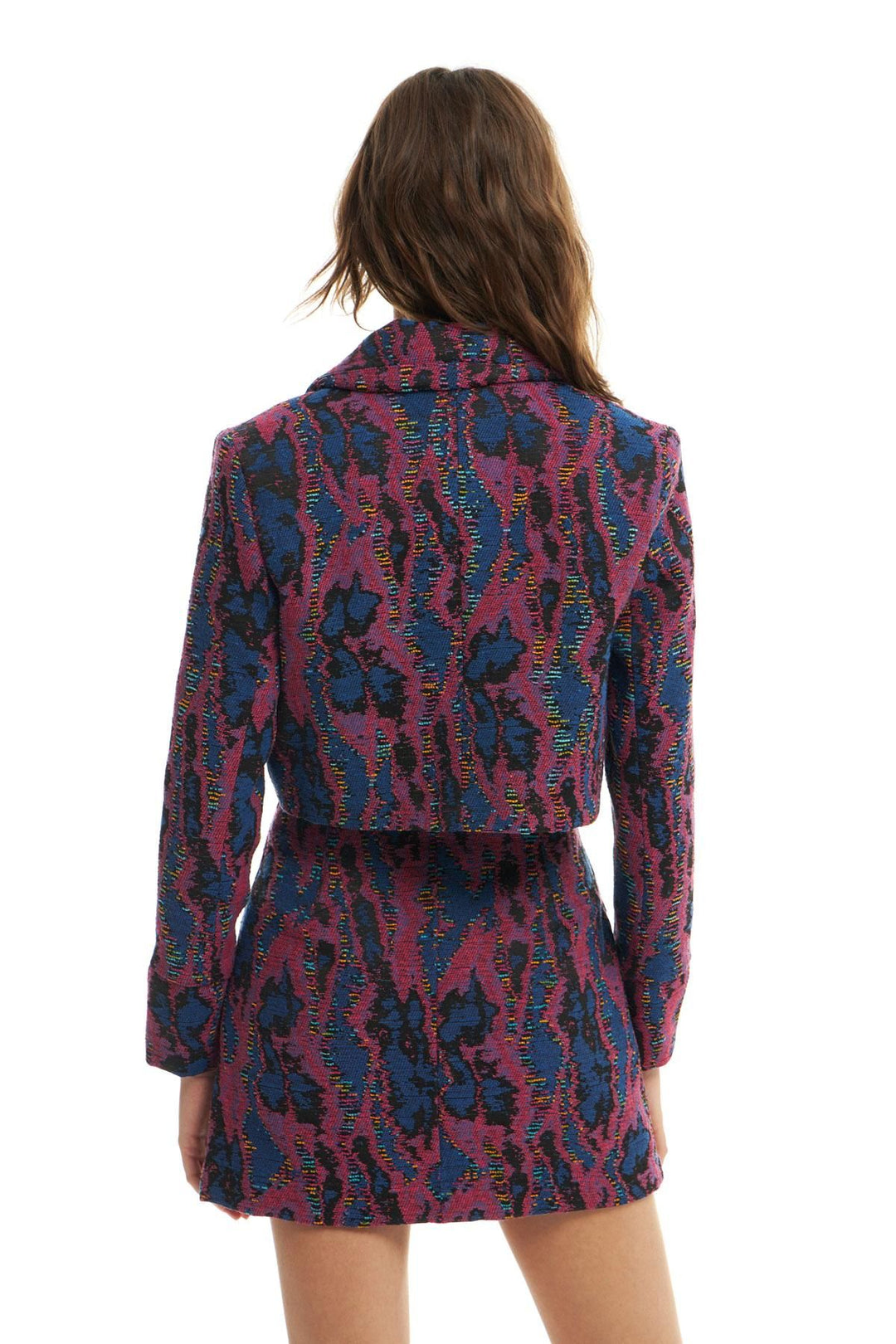 Renkli Desenli Crop Ceket Fuşya