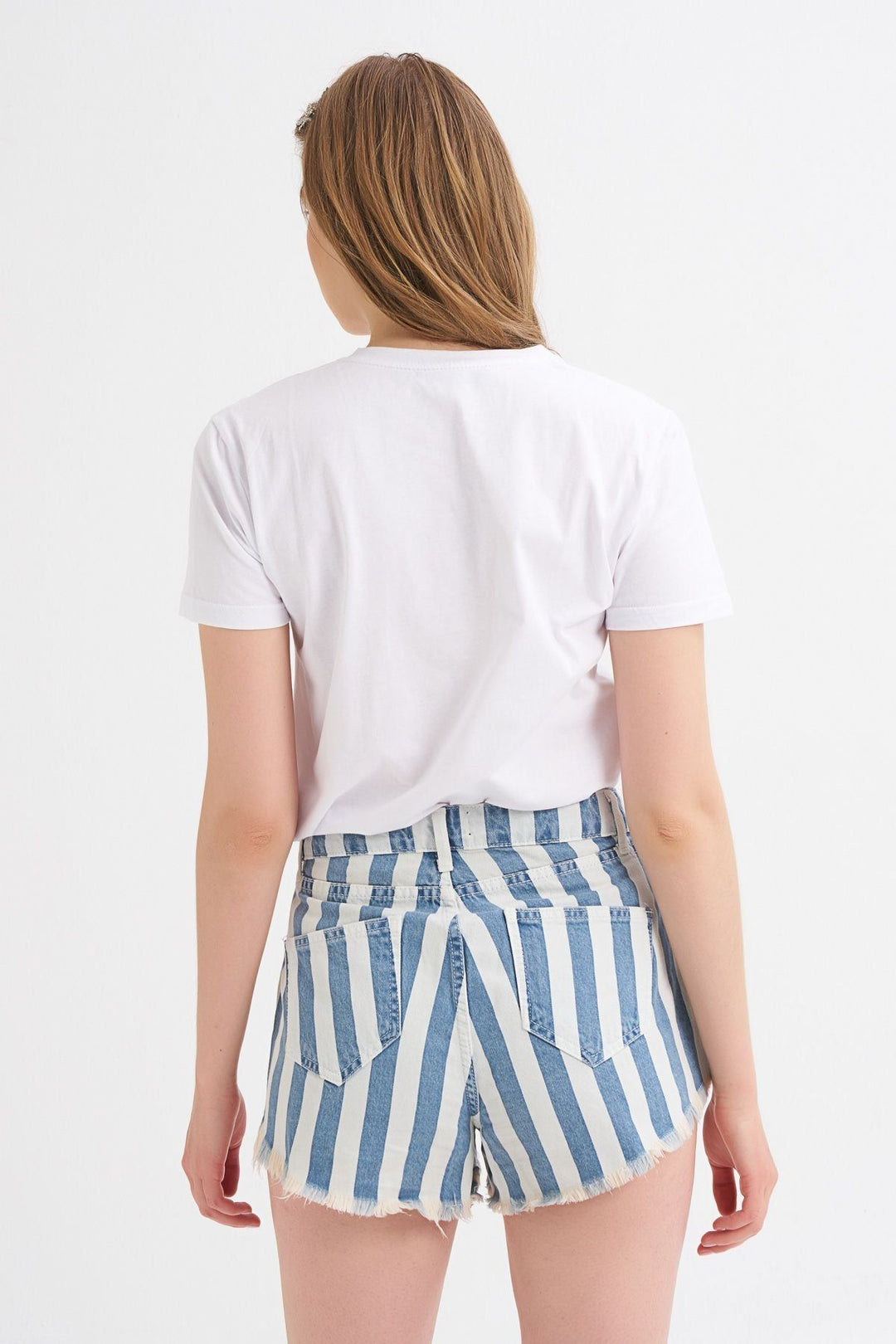 Striped Short Denim Shorts Blue