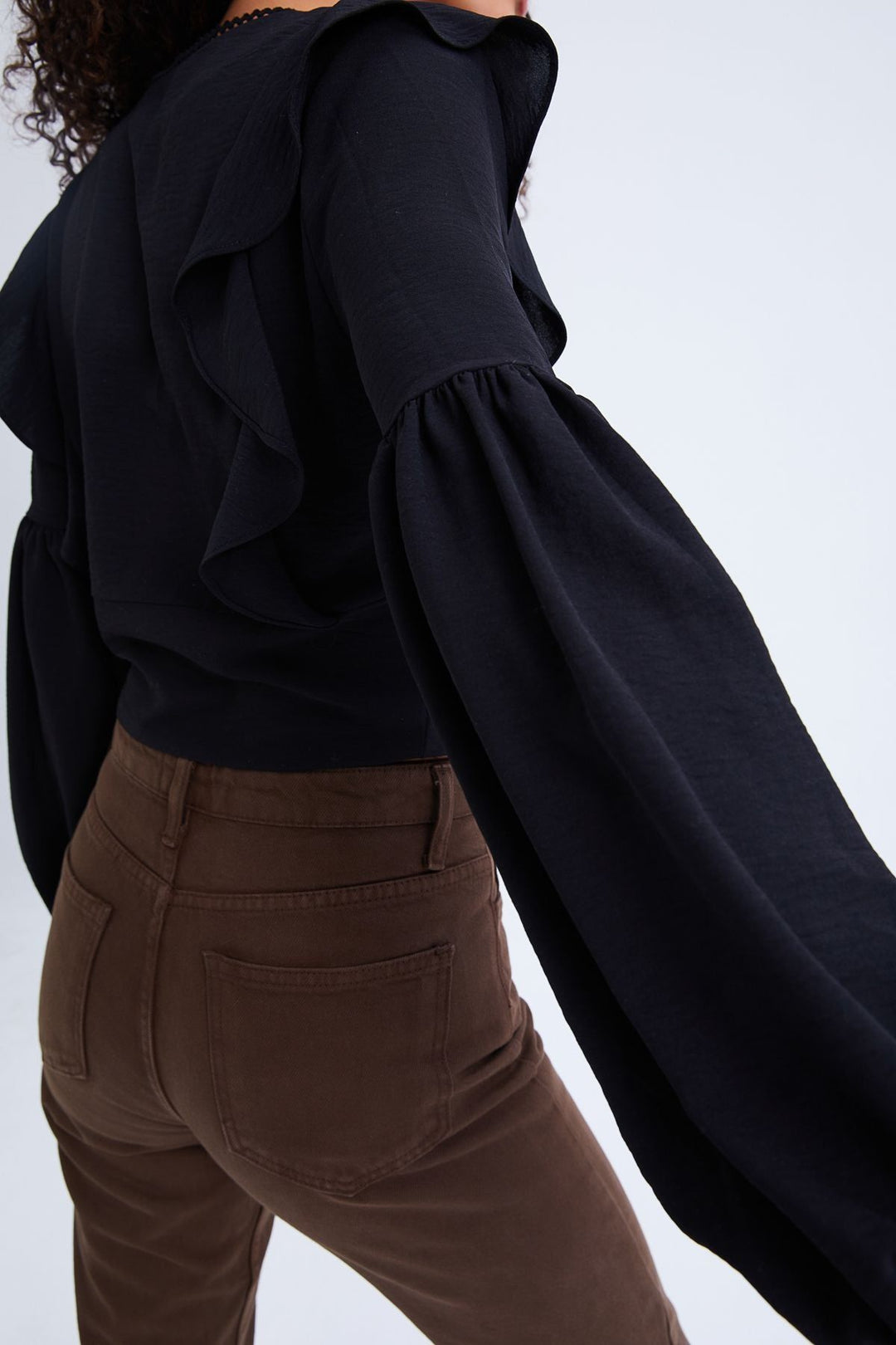 Button Front V-Neck Ruffle Blouse Black