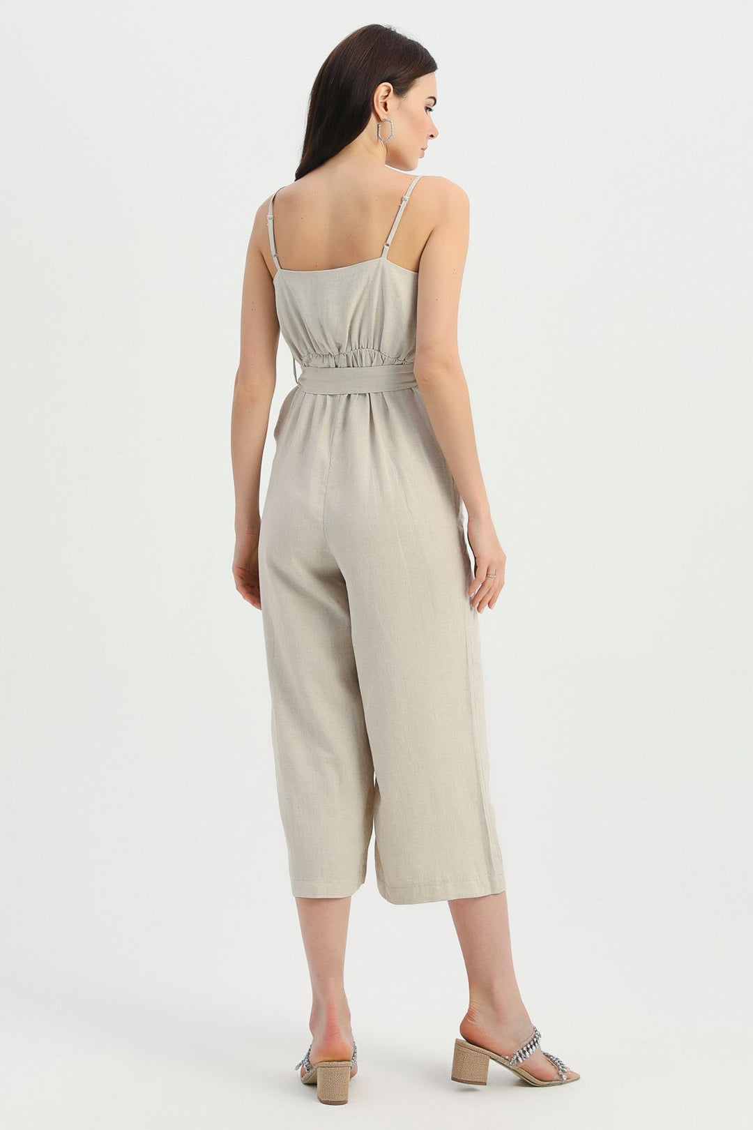 Askılı Beli Kuşaklı Keten Tulum Naturel