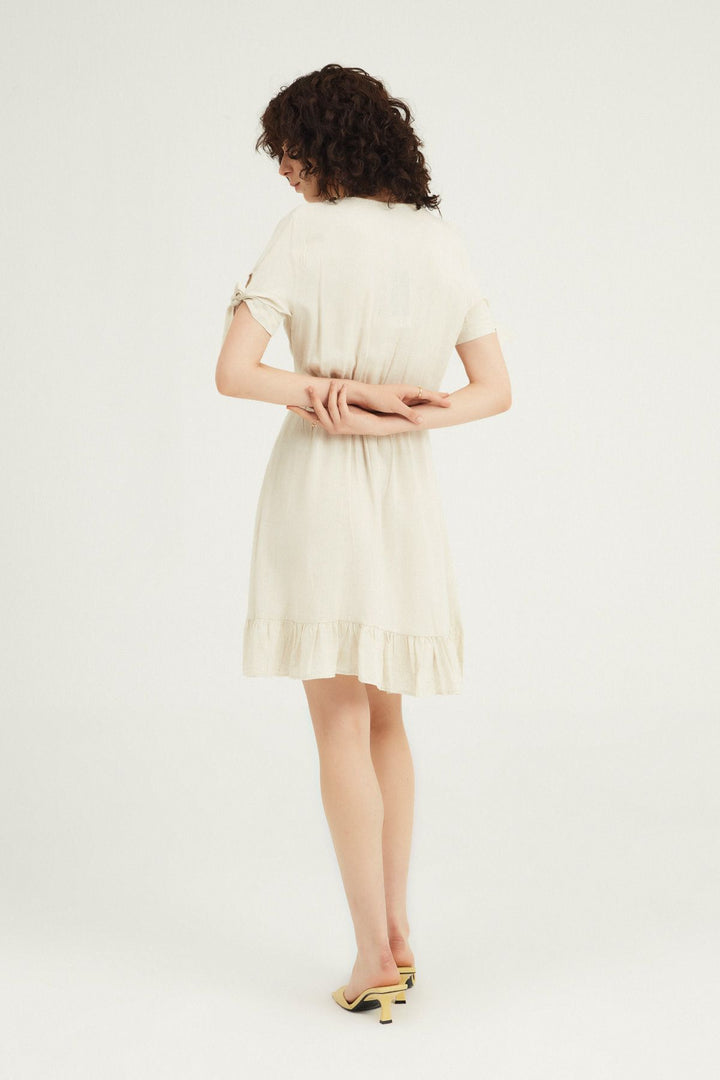 Double Breasted Frilly Linen Dress Natural