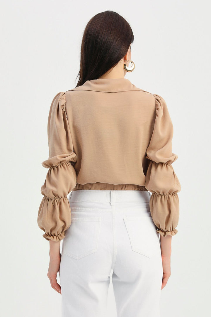 Embroidered V Neck Blouse Camel