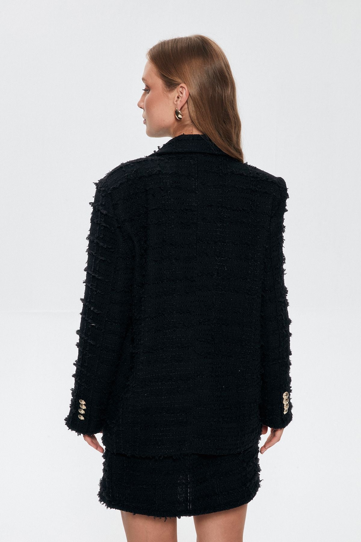 Single Button Tweed Blazer Jacket Black