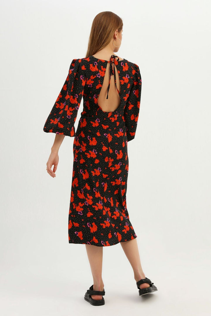 Patterned Low Back Slit Dress Red