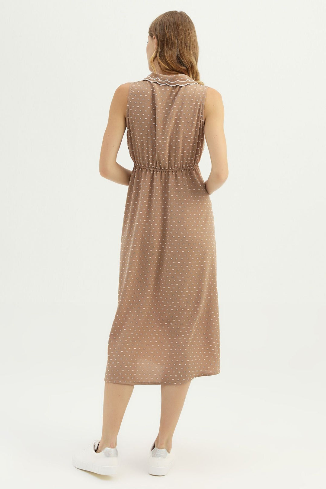 Embroidered Collar Sleeveless Dress Camel