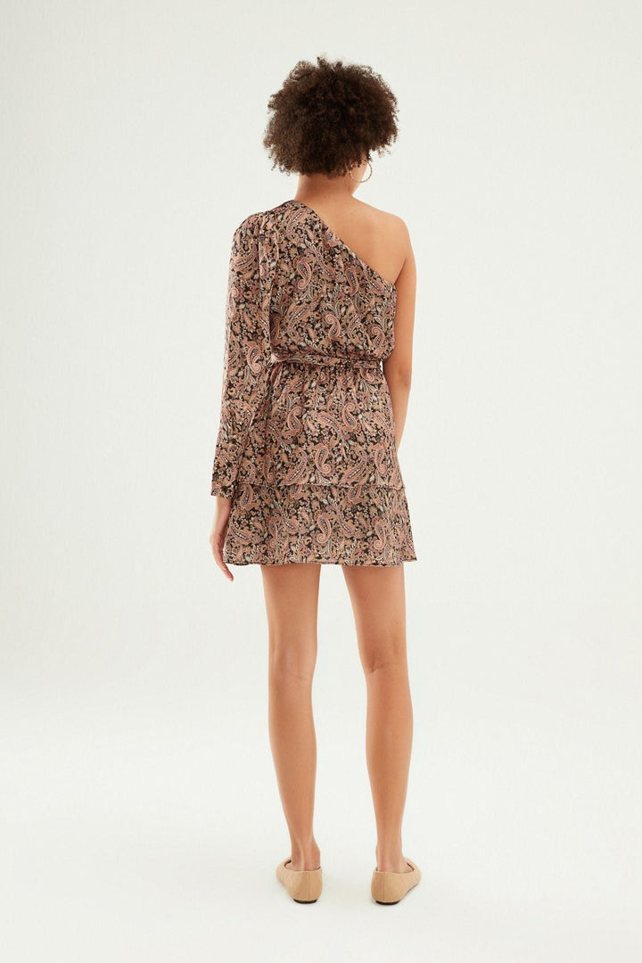 Tek Omuz Saten Elbise Kahverengi