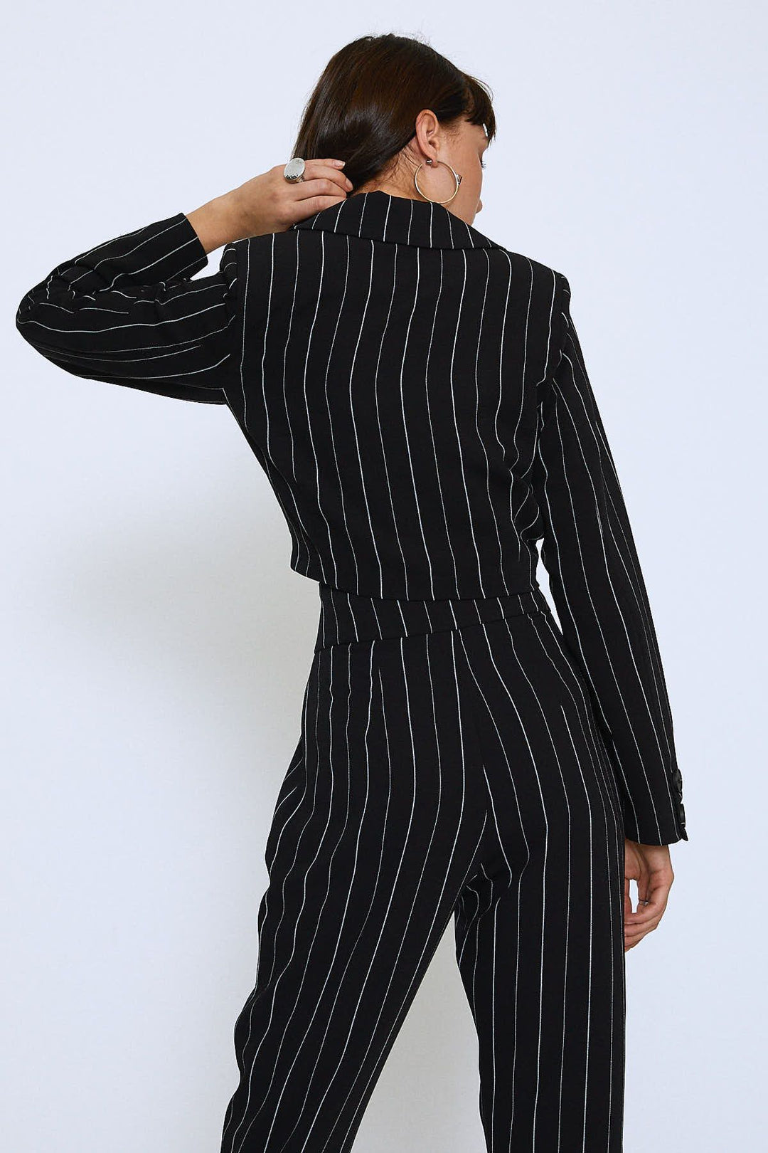 Striped Single Button Crop Jacket Black